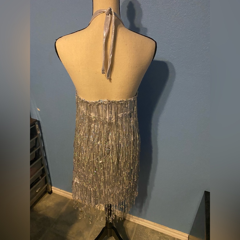 Silver Sequin Fringe Halter Dress - Disco Costume View 6